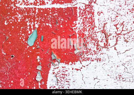 Bunte Textur der abziehenden rot-weißen Farbe auf einer alten Wandoberfläche Stockfoto