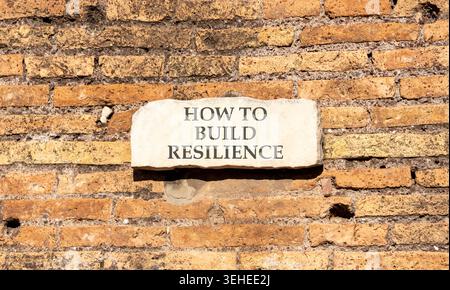So erstellen Sie ein Resilienzsymbol. Konzeptworte wie man Widerstandsfähigkeit auf wunderschöner weißer Marmorschildplatte schafft. Wunderschöner Backsteinmauerhintergrund. Unternehmen Stockfoto