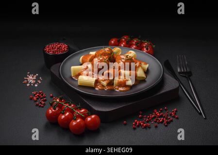 Essen, köstliche frische Fleischbällchen und Pasta in Tomatensauce mit Salz, Gewürzen und Kräutern auf dunklem Betonhintergrund Stockfoto