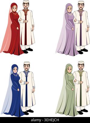 Muslimische Hochzeit Paar Cartoon Charakter Vektor Illustration Set mit vier verschiedenen Farbvariationen der traditionellen Braut Kleid und Bräutigam Kleidung. Stock Vektor
