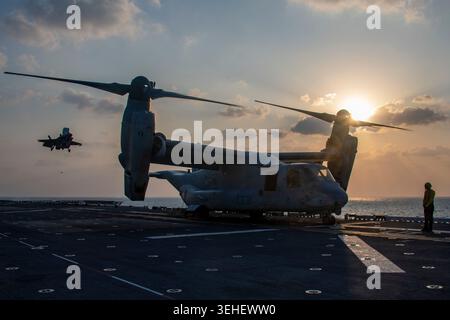 PHILIPPINE SEA (8. Februar 2021) ein MV-22B Osprey von der 31st Marine Expeditionary Unit (MEU) bereitet sich auf den Start vom Flugdeck der Vorwärts- Stockfoto