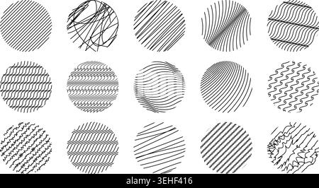 Minimalistische runde schwarze und weiße grafische Elemente mit unterschiedlichen digitalen Linienmustern Stock Vektor