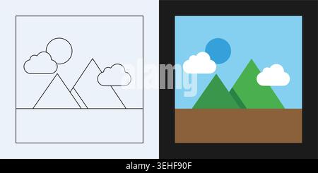 Minimalistische Landschaftsillustration mit Bergen, Wolken und Sonne, einfache geometrische Vektorkunst für Kinder oder pädagogische Designprojekte Stock Vektor