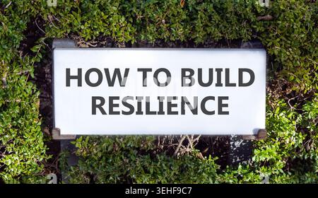 So erstellen Sie ein Resilienzsymbol. Konzeptworte wie man Widerstandsfähigkeit auf weißem, wunderschönem Straßenschild schafft. Wunderschöne grüne Bäume im Hintergrund. Geschäftsanweisungen Stockfoto