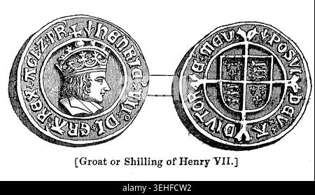 Groat oder Shilling Münze während der Regierungszeit von Heinrich VII., 1457–1509, der König von England und Lord von Irland von 1485 bis zu seinem Tod 1509 war, Vintage Illustration von 1842 Stockfoto