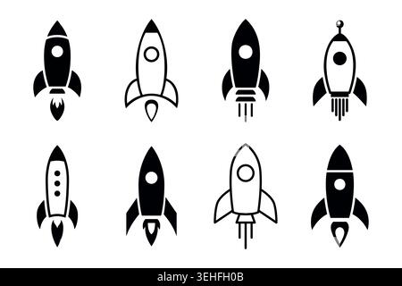 Minimal Rocket Symbolgruppe. Symbole Für Den Raketenstart. Startup Rocket Icon Collection. Schwarz-weiße Vektor-Silhouettensymbole für Weltraum, Technologie, App Stock Vektor