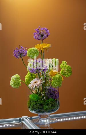 Bunte Frühlingsblumen in Glasvase. Frische gemischte Blumen mit violetten Allien, gelben Gänseblümchen, grünen Hortensie und Moos in einer Glasvase Stockfoto
