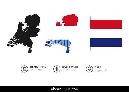 Formkarte und Flagge des Landes Niederlande. Sammlung von Länderkarten für Europa Stock Vektor