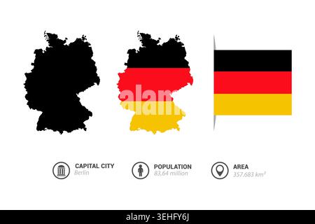 Deutschland Karte mit Flagge und schwarzen Farben. Sammlung von Länderkarten für Europa Stock Vektor