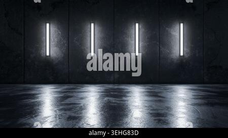 Moderne, minimalistische Einrichtung mit dunkler Betonwand, vier vertikalen Neonlichtern und glänzend reflektierendem Boden. 3D-Rendering. Stockfoto