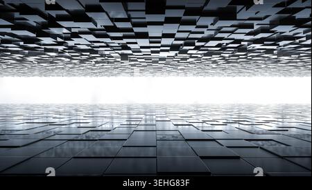 Hintergrund mit strahlend weißem Horizont und dunkelschwarzen geometrischen Oberflächen mit Reflexionen auf Fliesen. 3D-Rendering Stockfoto