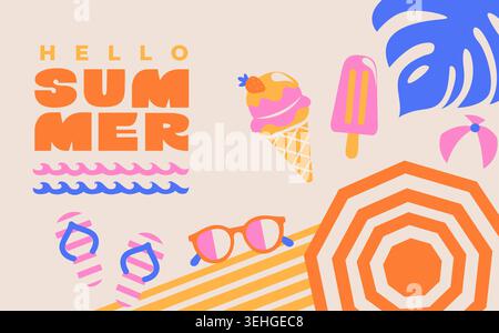 Begrüßungsbanner für den Sommer. Strandurlaub-Atmosphäre. Blick von oben auf die Strandaccessoires - Sonnenschirm, Sonnenbrille, Eis. Sommer positive Vibe Design für Verkauf, Poster, Cover, Anzeigen. Vektorabbildung Stock Vektor