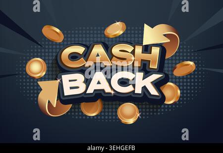 Elegante Vorlage mit goldenen Münzen für Bargeld. Cashback- oder Geld-zurück-Service, Anzeige für finanzielle Zahlungen. Werbebanner mit fallenden Goldmünzen auf dunklem Hintergrund. Marketing-Werbeaktion für Banken. Vektor Stock Vektor