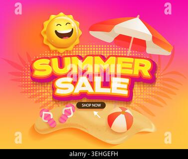 Sommer-Sale-Banner mit lächelnder 3D-Sonne, Sandstrand für Sonderrabatte in der heißen Saison. Jetzt Angebot kaufen. Helles Poster auf verlaufendem Hintergrund. Tropisches Urlaubsthema mit Ball, Sonnenschirm und Sonne. Vektor Stock Vektor