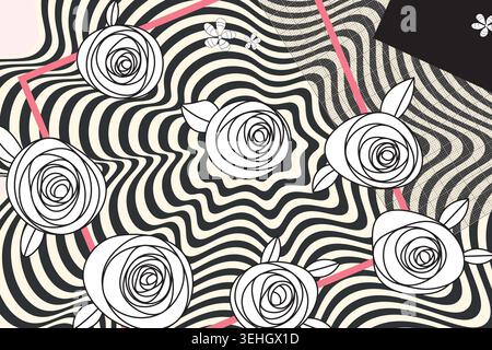 Abstrakter Y2K-Hintergrund im Stil der 2000er Jahre. Collage von nicht übereinstimmenden Elementen mit geometrischen Formen, Sternen, floralen Elementen, Gitterpapier. Dynamischer Effekt Grunge Stock Vektor
