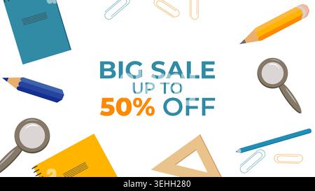 Back to School Sale Rabattbanner mit Schulelementen und Verkaufsetiketten. Für Werbung, Webdesign, soziale Medien und Printwerbung Vektorillustration Stock Vektor