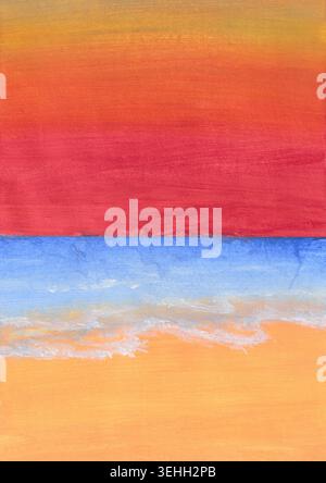 Wunderschöne Landschaftsmalerei mit Minimal Beach Sunset Painting. Buntes Ocean Horizon-Kunstwerk Stockfoto