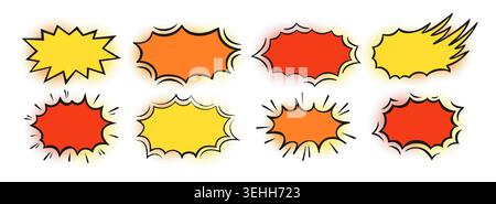 Comic Explosion Sprechblase Set. Comic Bomb Explosion, Boom Bang Effekte, dynamische Burst Rays, Feuerwolke und Doodle Pop Art Puffformen. Vektordarstellung isoliert Stock Vektor