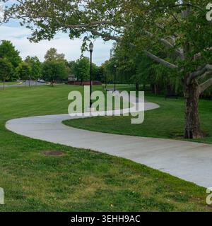Ein gewundener Betonwanderweg führt durch den grünen Rasen des Baker Park in Frederick, Maryland. Eine hohe Straßenlaterne und ein großer Platanen-Baum Stockfoto