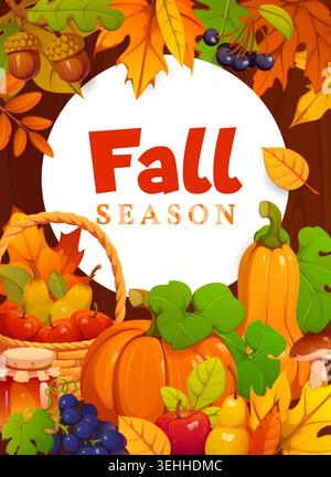 Thanksgiving und Herbstfahne mit Saisonernte und Blättern, Vektorhintergrund. Herbstfahne für Erntedankfest mit Kürbissen, Äpfeln und Birnen in Körben mit Honig Stock Vektor
