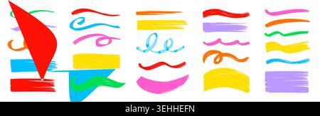 Pinselstrich mit Kurvenfarbe. Hand gezeichnet Kurve Pinsel Kontur Linie Buntstift Tinte texturierter Hintergrund. Farbenfrohe, kritzelnde Bannerwellen für Kinder heben das abstrakte Design hervor. Vektorabbildung Stock Vektor