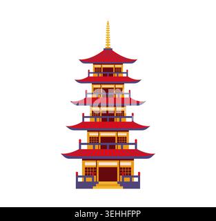 Symbol und Symbol der japanischen Neujahrspagode. Traditionelle fünfstöckige Pagode mit roten geschwungenen Dächern, gelben Wänden und einem hohen goldenen Turm. Flaches Symbol für Shogatsu-Urlaubsposter Stock Vektor