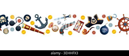 Piratengrenze mit Korsair-Waffen, Captain Tricorn Hut, goldenen Münzen, Rauchpfeifen und Schiffsankern. Piraterie, Segeln und Schatzsuche mit Piratenflagge, Pistole, Navigationskompass Stock Vektor