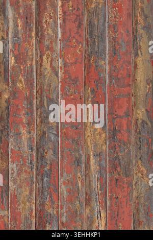 Nahaufnahme alter, verwitterter Holzdielen mit strukturierter Körnung und abblätternder roter Farbe, Saaremaa, Estland, Europa. Stockfoto