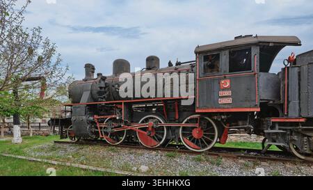 Vintage-TCDD-Dampflokomotive 34054 neben dem Bahnhof Selcuk in Selcuk, Türkei. Bewölkter Himmel, historischer Transport Stockfoto