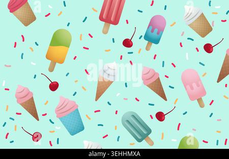 Eis Eis Eis Eis Eis Eis Eis Eis Sommer Leckereien Muster nahtlose bunte Kegel Kirschen Streuseln hellblauen Hintergrund verspieltes Dessert wiederholtes Design Stock Vektor