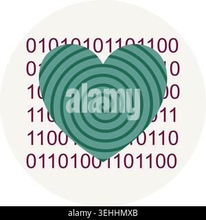 Minimalistischer flacher Vektor eines magentafarbenen Herzens mit grünen Binärzahlen 0 und 1 in einer Spirale, auf einem beigefarbenen Kreis. Stock Vektor