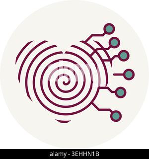 Minimalistischer flacher Vektor eines magentafarbenen Spiralherzes, verbunden mit grünen Technologielinien, auf einem beigefarbenen Kreis. Stock Vektor