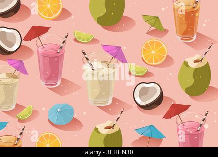 Sommer Drinks tropische Früchte Kokosnuss Limette Orange nahtloses Muster bunte Regenschirme rosa Hintergrund erfrischende Getränke saisonales Design Stock Vektor