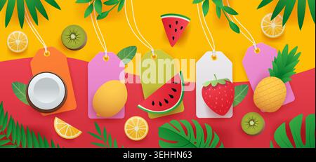 Sommerfrüchte tropische Blätter bunte Tags Kokosnuss Zitrone Wassermelone Erdbeere Ananas Kiwi lebendiges gelb rotes Hintergrundbanner Stock Vektor