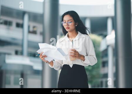 Geschäftsfrau mit Brille liest Dokumente, während sie eiskalten Kaffee in einem modernen Büro hält, um mobiles Arbeiten zu veranschaulichen, Berichte zu prüfen, Profi Stockfoto