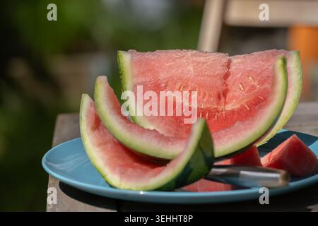 Frische Wassermelonenscheiben, serviert auf Teller im Freien bei natürlichem Sonnenlicht. Konzept von Sommerkost, gesunder Ernährung und erfrischendem Snack. Für Leben geeignet Stockfoto