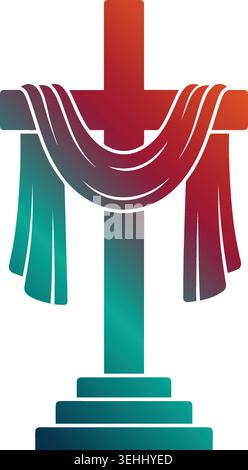 Die auffällige Silhouette eines christlichen heiligen Kreuzes mit einem zeremoniellen Tuch auf Stufen ist perfekt für Ostern und religiöse Themen. Stock Vektor
