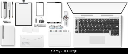 Realistische Ansicht von oben auf den Schreibtisch. Büroarbeitsplatz mit verschiedenen Zubehörteilen. Geräte oder Arbeitsplatzzubehör. 3D-Laptop. Papier-Zwischenablage für Branding Stock Vektor