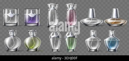 Realistische Parfümflaschen. Leere und gefüllte Fläschchen mit Duft. Parfümverpackung. 3D-Zerstäuber mit transparenten oder Metallkappen. Kosmetische Produktmockups Stock Vektor