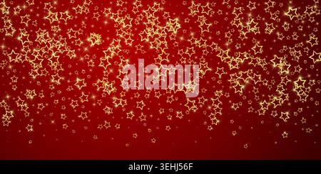 Gold funkelndes Sternenkonfetti. Chaotische, traumhafte kindliche Schablone. Festliche Sterne-Illustration auf rotem Hintergrund. Stockfoto