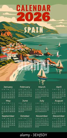 Monatskalender 2026 Monatskalender 2025 Reiseposter Spanien Stock Vektor