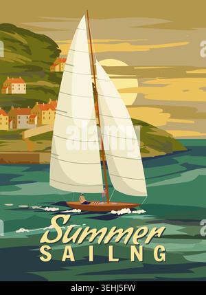 Sommer Segelplakat Retro, Segelyacht auf dem Meer, Meer, Küste, Palmen. Tropische Bootstour, Sommerreiseurlaub. Vektorillustration Vintage Stock Vektor