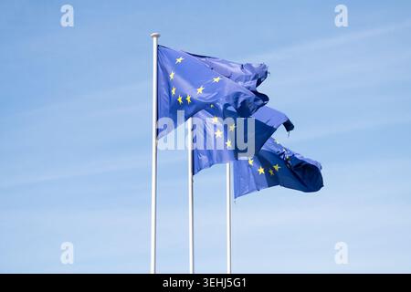 EU-Flaggen im Wind, Europäisches Parlament in Straßburg, Frankreich, legislativrat, Länder der europäischen union, Politik, Anwendung Stockfoto