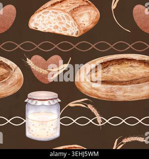 Nahtlos gestreiftes Brot, Weizen, Glas und Herzen in horizontalen Bändern auf dunkelbraunem Hintergrund angeordnet. Watercolor Backwaren Design für Verpackungen Stockfoto