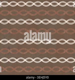 Nahtlose geflochtene Ornamentlinien mit Aquarellmuster auf dunklem, strukturiertem Hintergrund, warme Erdtöne. Handgemaltes geometrisches Streifendesign, elegante Handarbeit Stockfoto