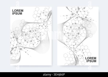 Wissenschaftliche Broschüre Design-Vorlage. Vektor-Flyer-Layout, molekulare Struktur mit verbundener Linien und Punkten. Wissenschaftliche Muster Atom DNA mit Elementen Stock Vektor