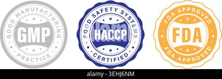 GMP HACCP und FDA Approved Certification Badge Collection für Lebensmittelsicherheit und Qualitätsstandards Stock Vektor