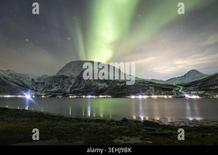 Blick auf die Aurora Borealis tanzen über schneebedeckte Berge und das ruhige Wasser eines Fjords mit Dorflichtern, die auf der Oberfläche Lakselvbu reflektieren Stockfoto