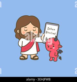Kawaii Jesus hält eine Tafel, die Satan blockierte Botschaft an den traurigen Teufel auf blauem Hintergrund zeigt Stock Vektor