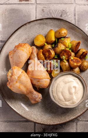 Ein appetitliches Gericht mit gebackenen Hähnchenschenkeln und jungen Kartoffeln, bestreut mit frischen grünen Zwiebeln, serviert mit einer dicken weißen Sauce auf einem grauen Textu Stockfoto